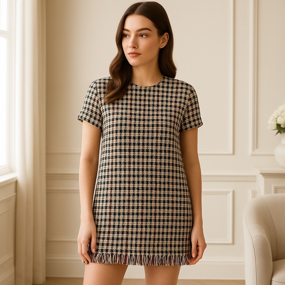 Zara Boxy Wool Blend Houndstooth Dress Fringe Hem Short Sleeve XS Black Ecru